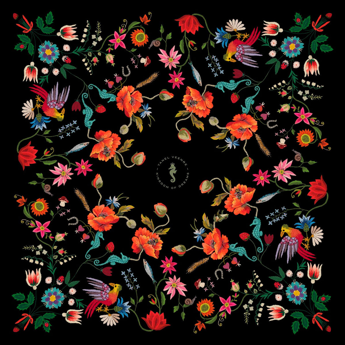 Unimoon Silk Scarf 63 × 63 cm – Black Floral