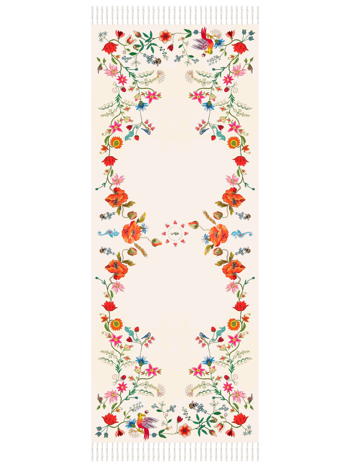 Unimoon Wool–Silk Blend Shawl – Beige and White Floral