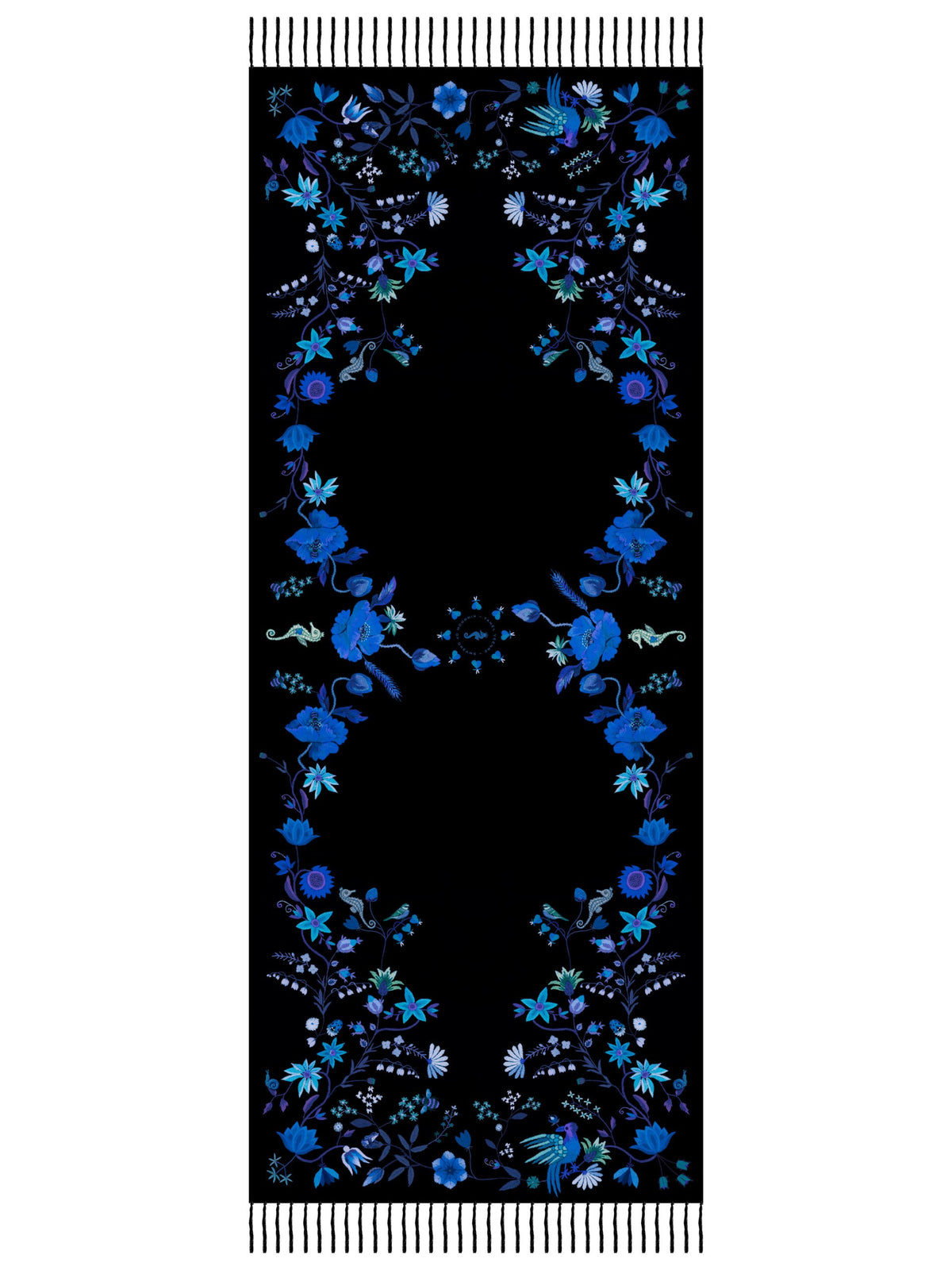 Unimoon Wool–Silk Blend Shawl – Black and Blue Floral
