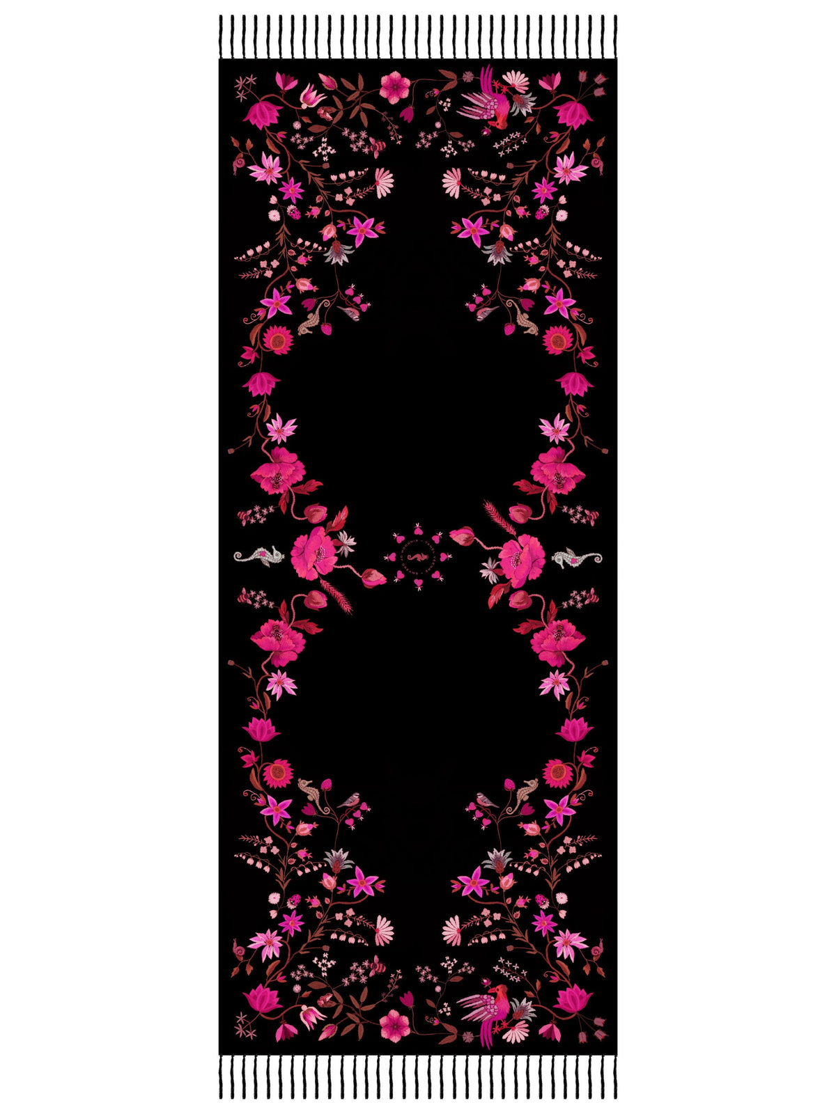 Unimoon Wool–Silk Blend Shawl – Black and Pink Floral