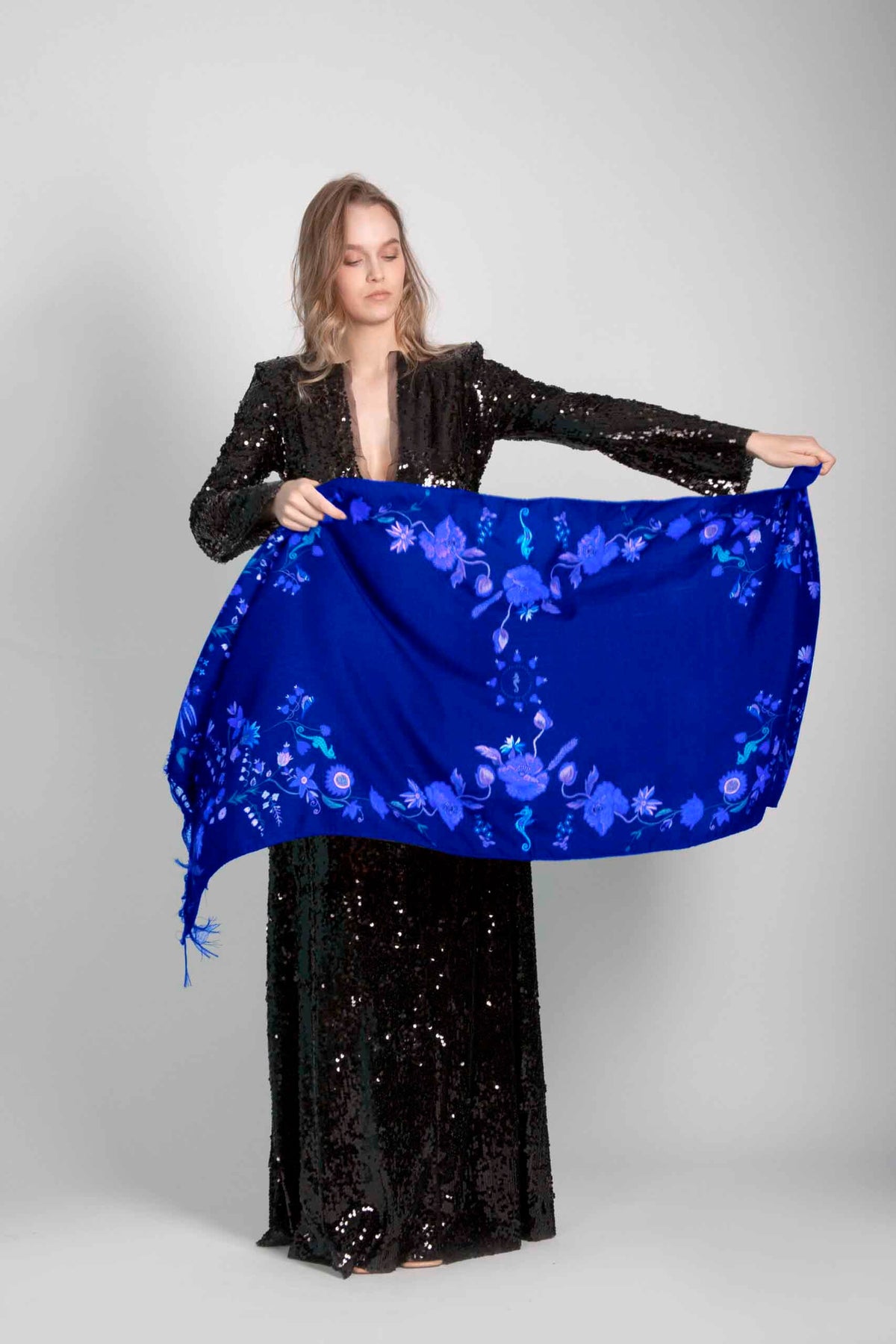 Unimoon Wool–Silk Blend Shawl – Blue and Purple Floral