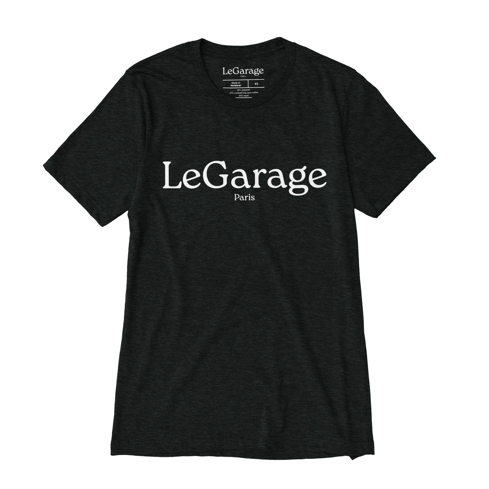 T-shirt unisexe tri-blend gris charcoal, gros plan sur le col et l'encolure