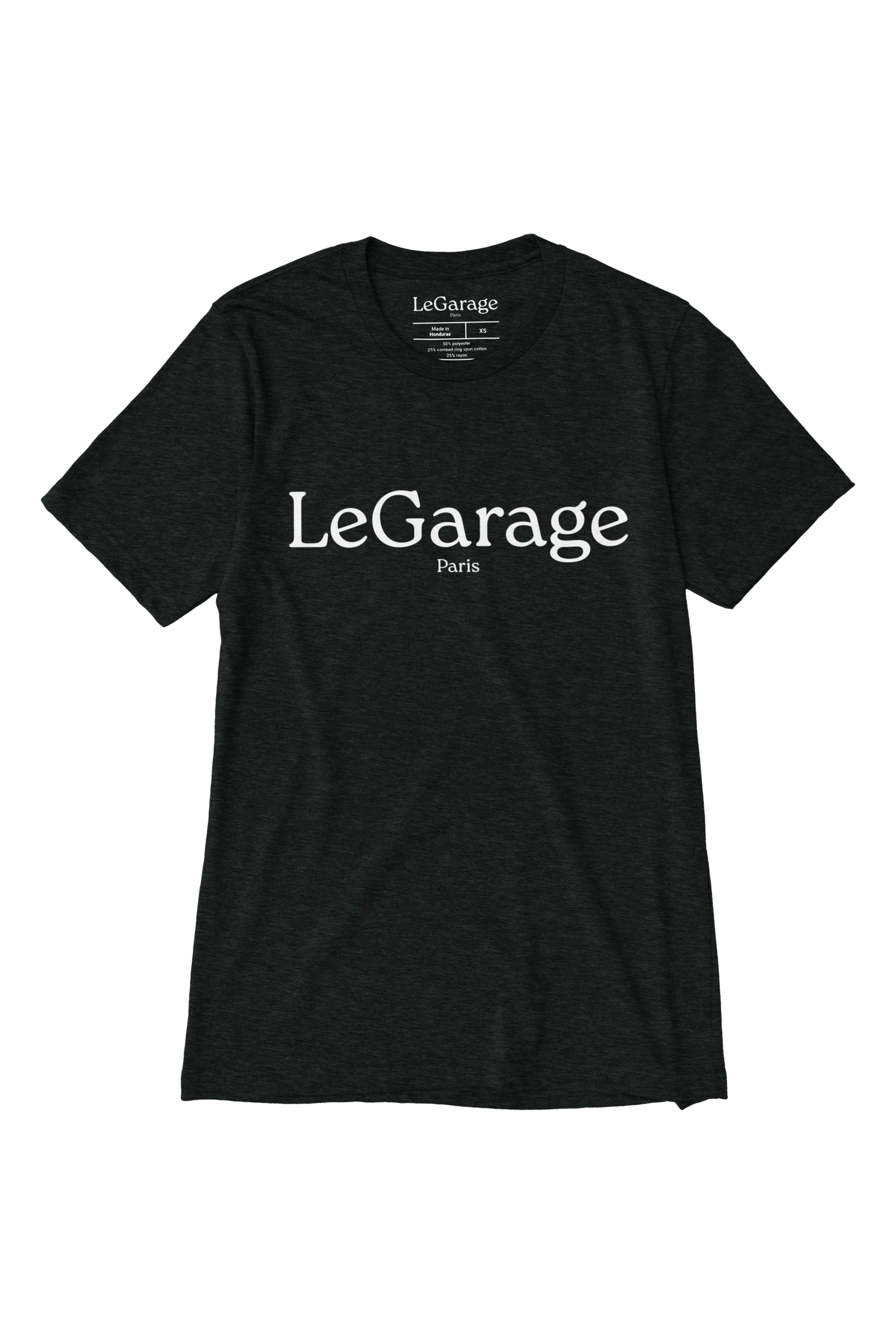 T-shirt unisexe tri-blend gris charcoal, détail du col et des manches